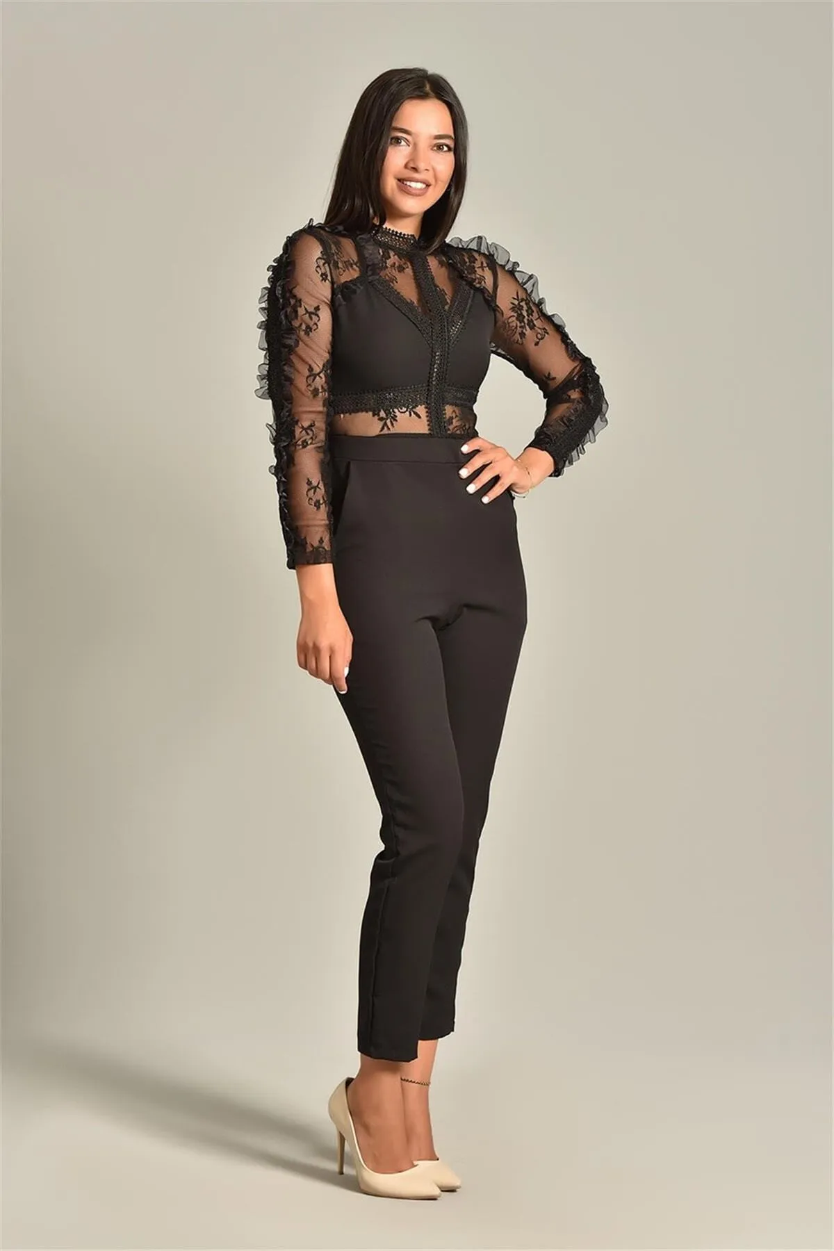 16155 Black Transparent Tulle Jumpsuit
