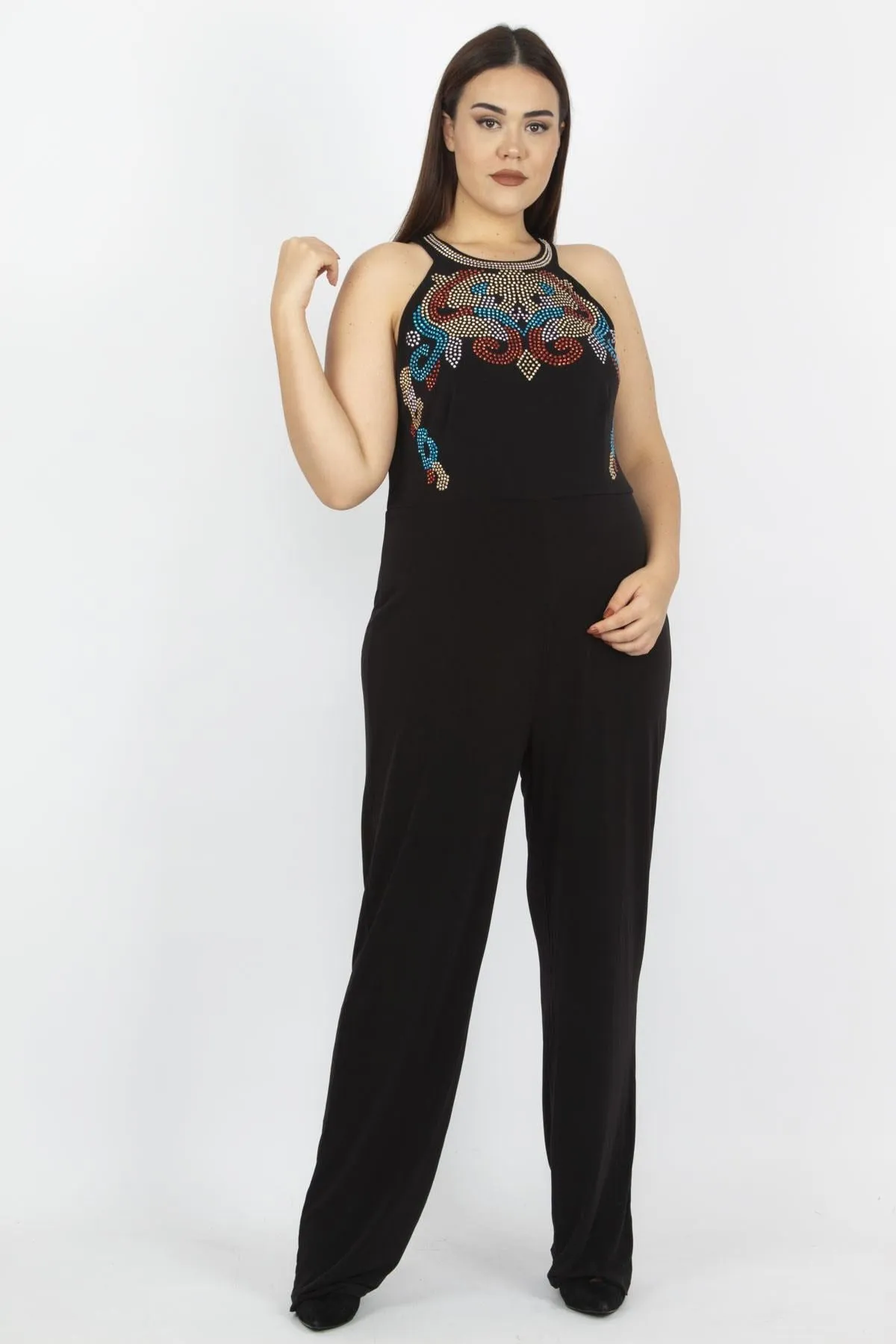 16199 Black Patterned Bodycon Jumpsuit