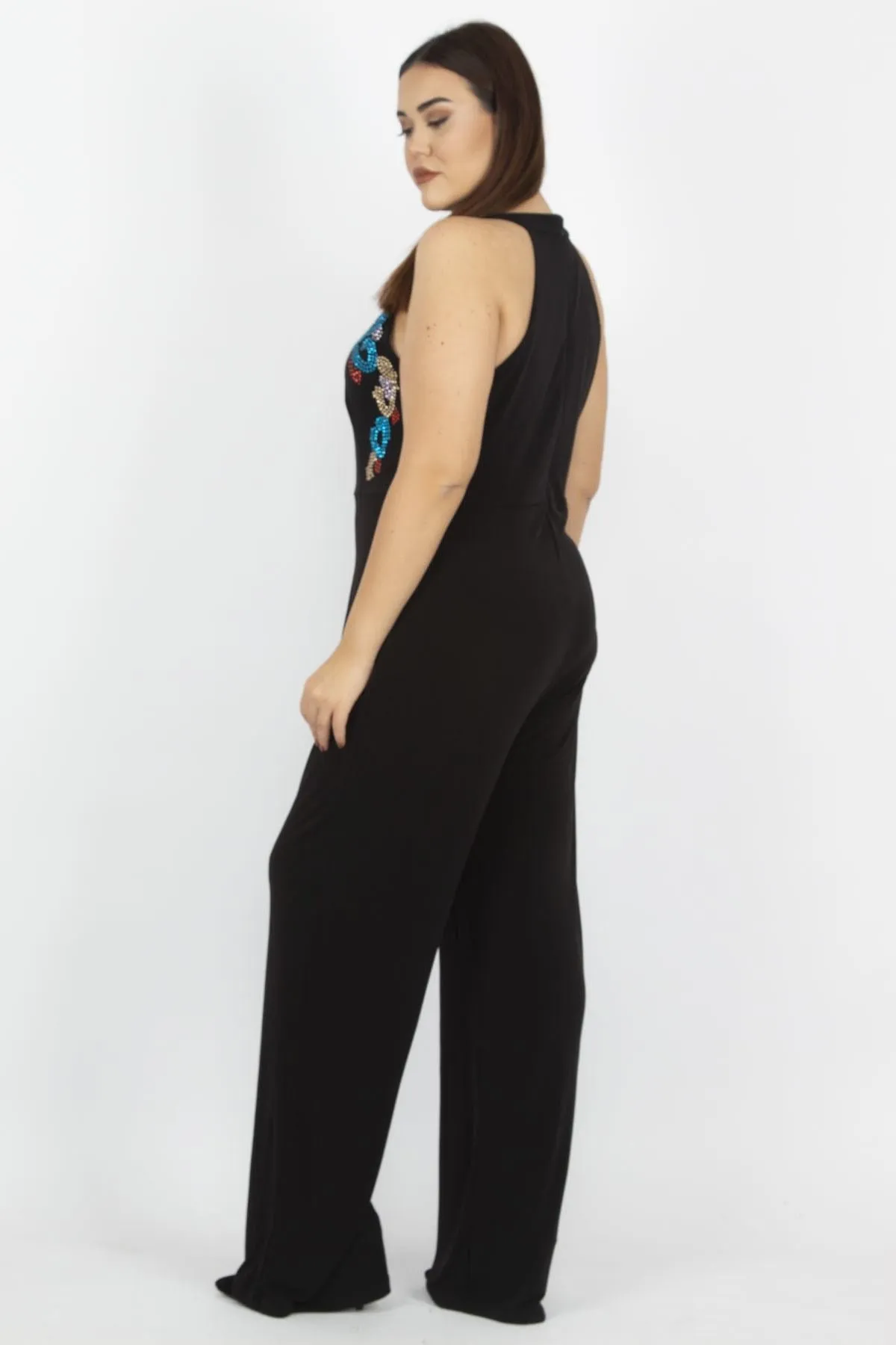 16199 Black Patterned Bodycon Jumpsuit