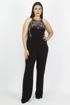 16199 Black Patterned Bodycon Jumpsuit