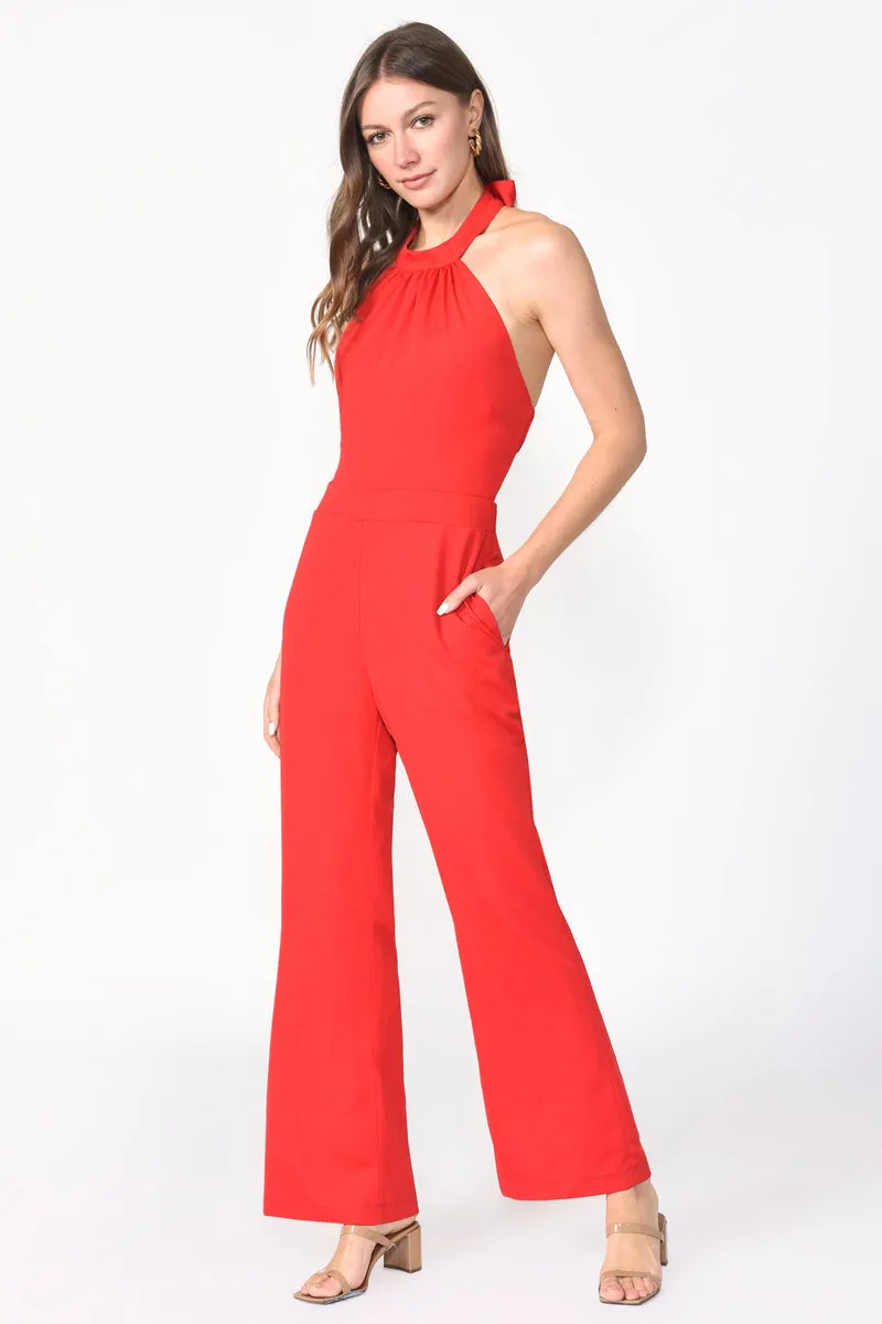 Adelyn Rae Vena Crepe Halter Jumpsuit in Red