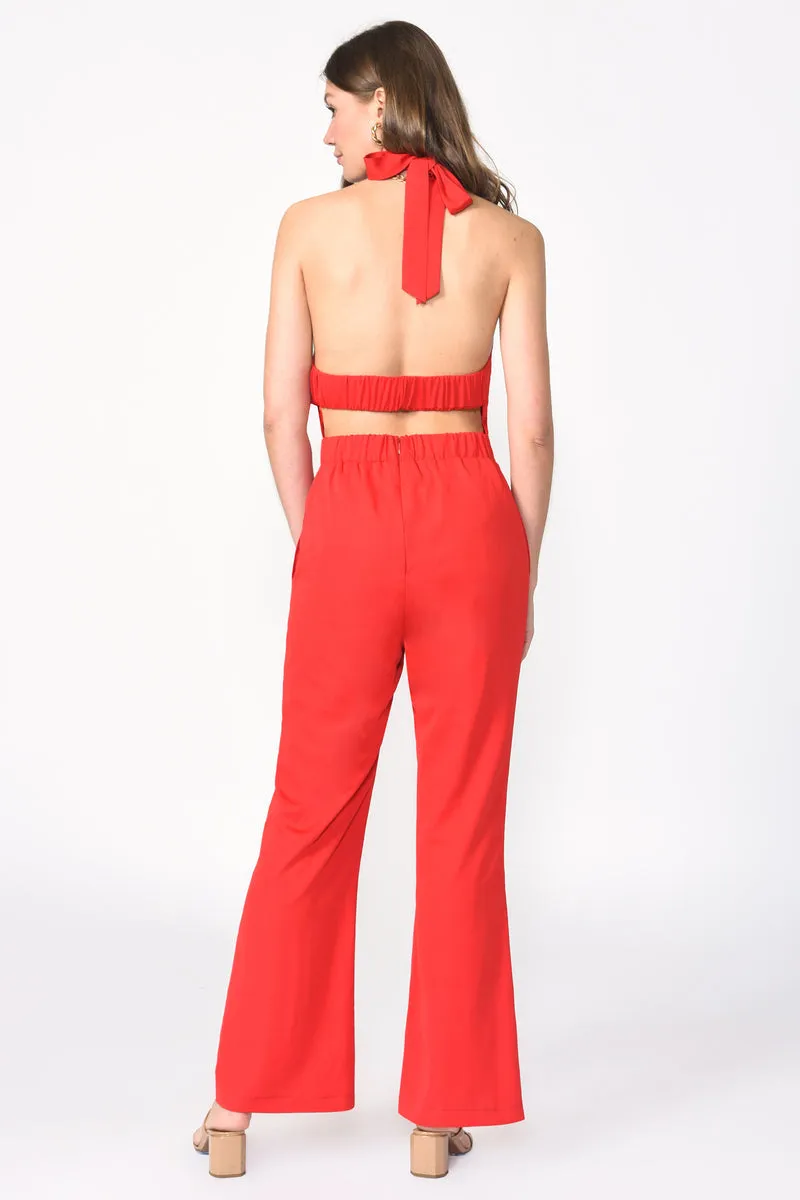 Adelyn Rae Vena Crepe Halter Jumpsuit in Red