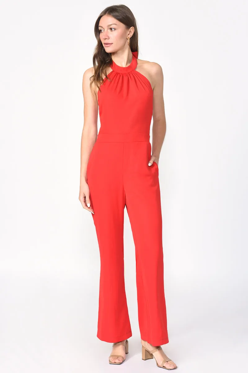 Adelyn Rae Vena Crepe Halter Jumpsuit in Red