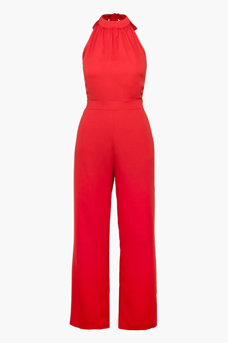 Adelyn Rae Vena Crepe Halter Jumpsuit in Red