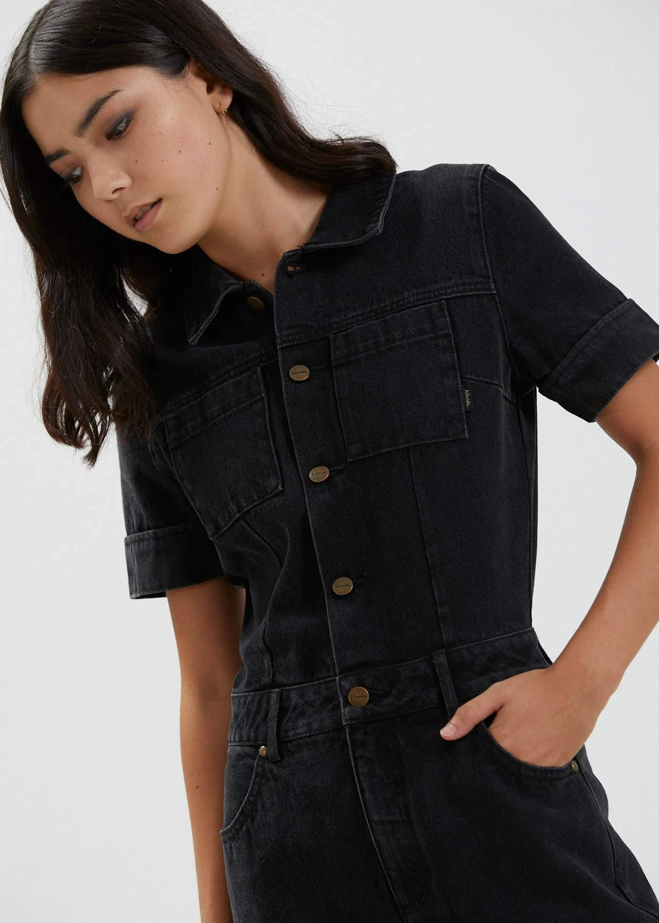 Afends Womens Zuri - Organic Denim Jumpsuit - Washed Black