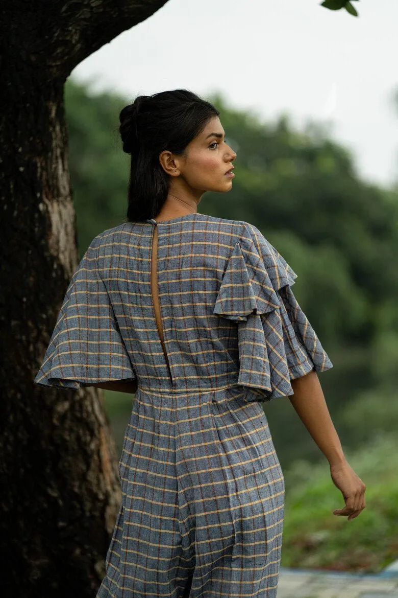 Ahi Jumpsuit - Ash Brown Ocher Yellow Checkered Pattern