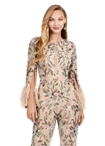 Ashley Lauren 11394 Fully Beaded Jumpsuit with Feathers Formal Prom