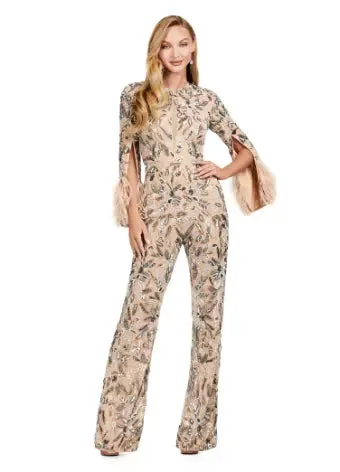 Ashley Lauren 11394 Fully Beaded Jumpsuit with Feathers Formal Prom