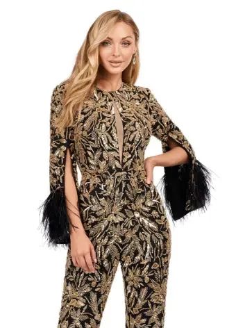 Ashley Lauren 11394 Fully Beaded Jumpsuit with Feathers Formal Prom