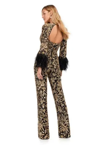 Ashley Lauren 11394 Fully Beaded Jumpsuit with Feathers Formal Prom