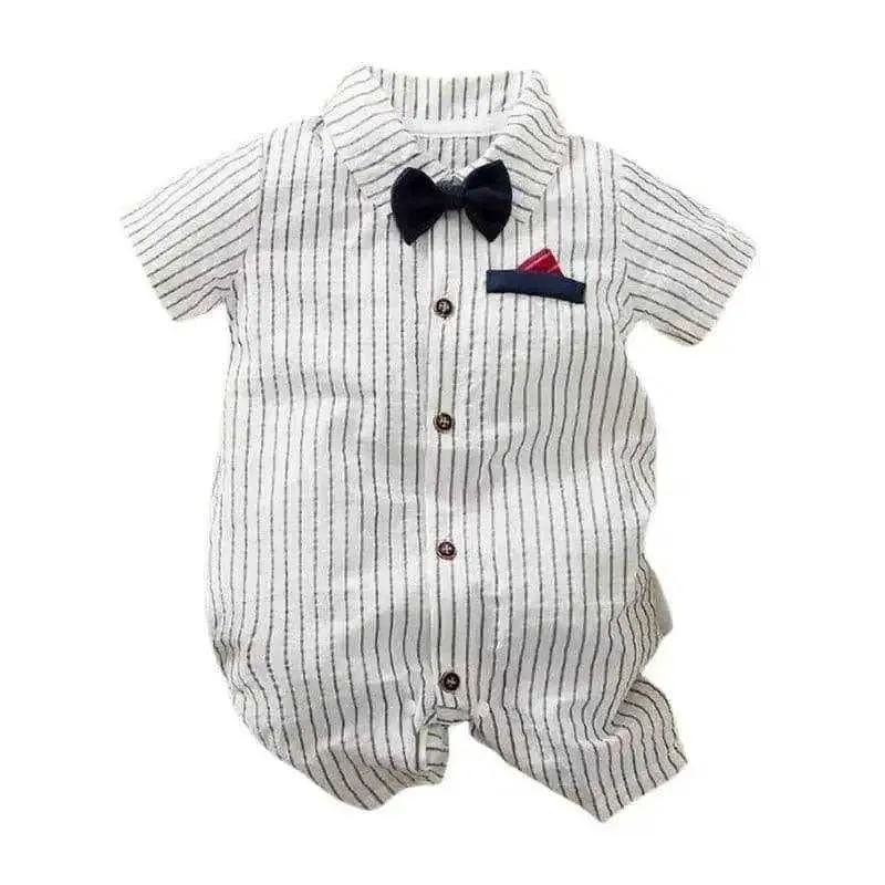 Baby Boy One-Piece Striped Gentleman Jumpsuit White with Bow Tie