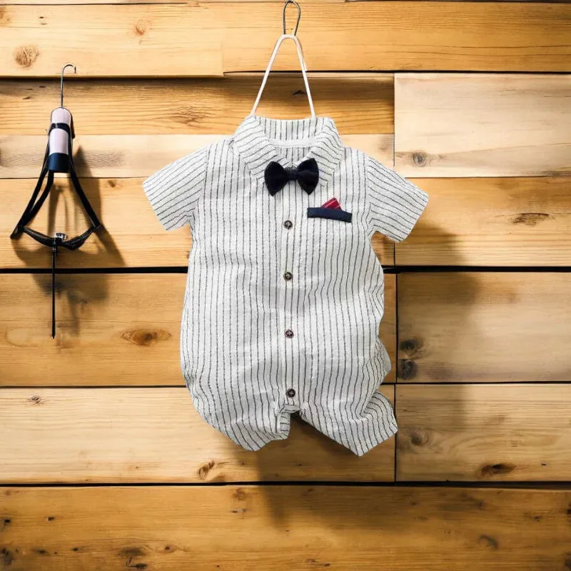 Baby Boy One-Piece Striped Gentleman Jumpsuit White with Bow Tie