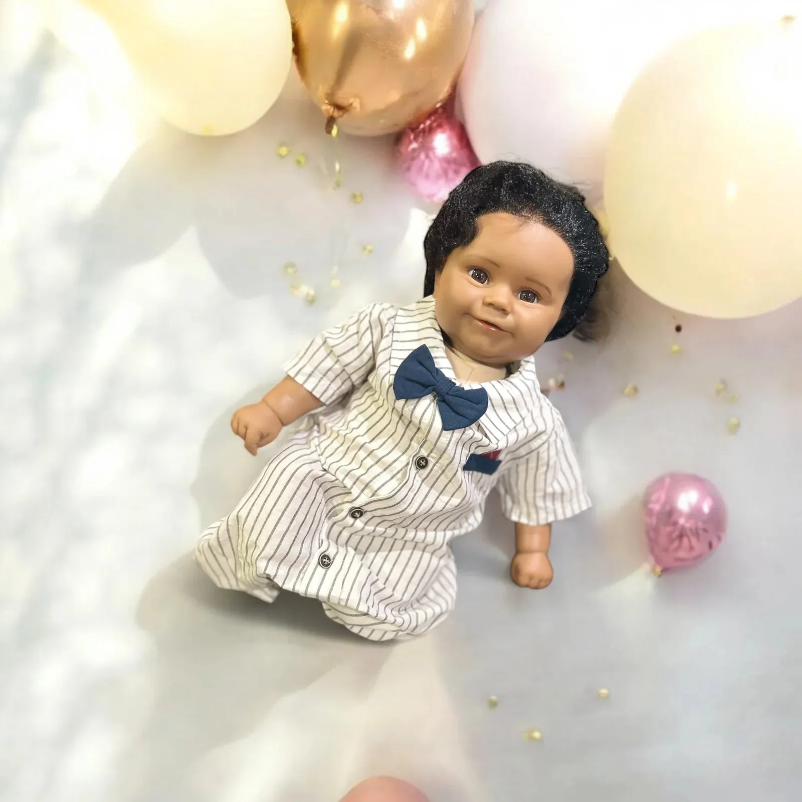 Baby Boy One-Piece Striped Gentleman Jumpsuit White with Bow Tie