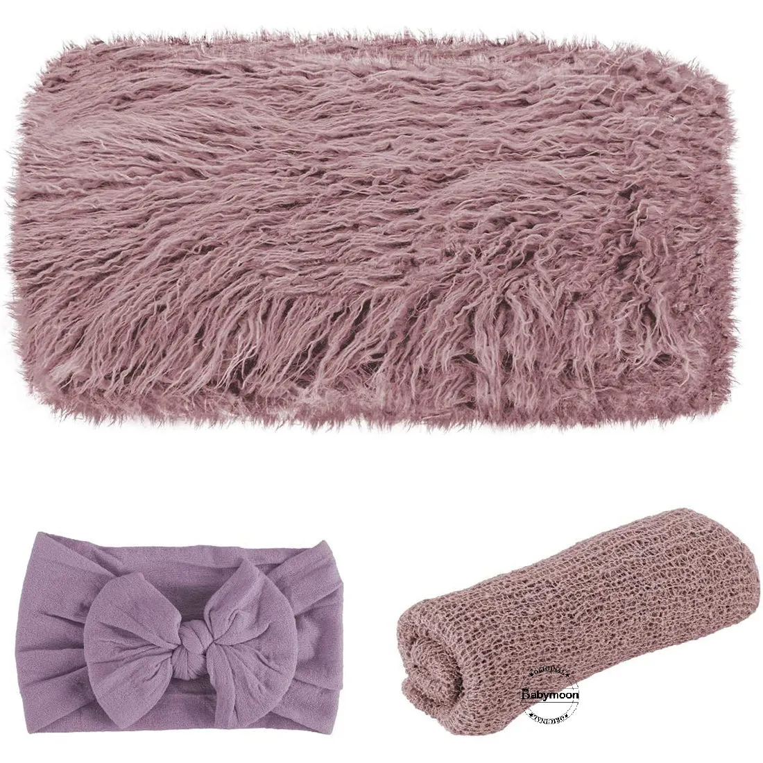 Babymoon Set of Fur Blanket (70x60cm), Wrap & Headband Photography Props - Purple