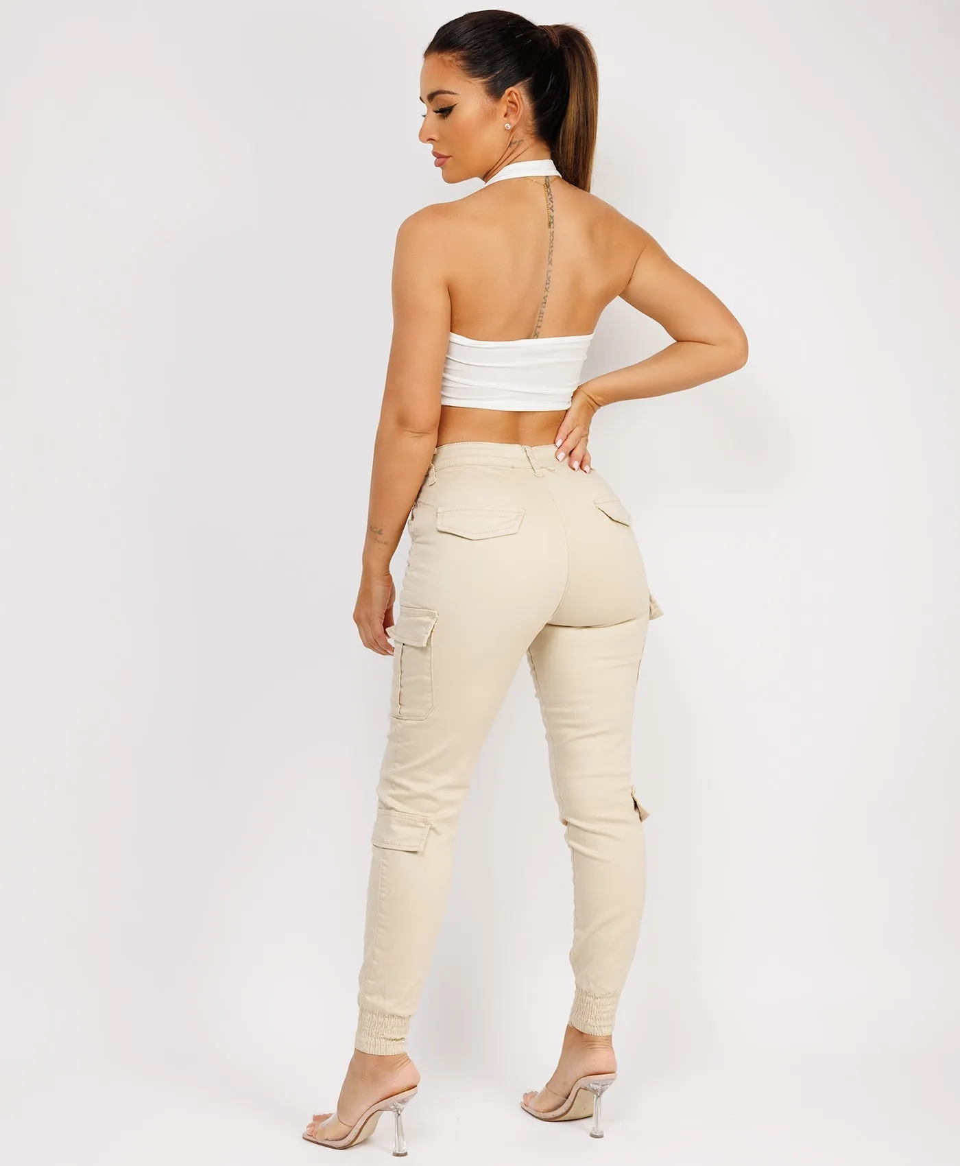Beige Chino Cargo Trousers with Cuffed Bottom and Pocket