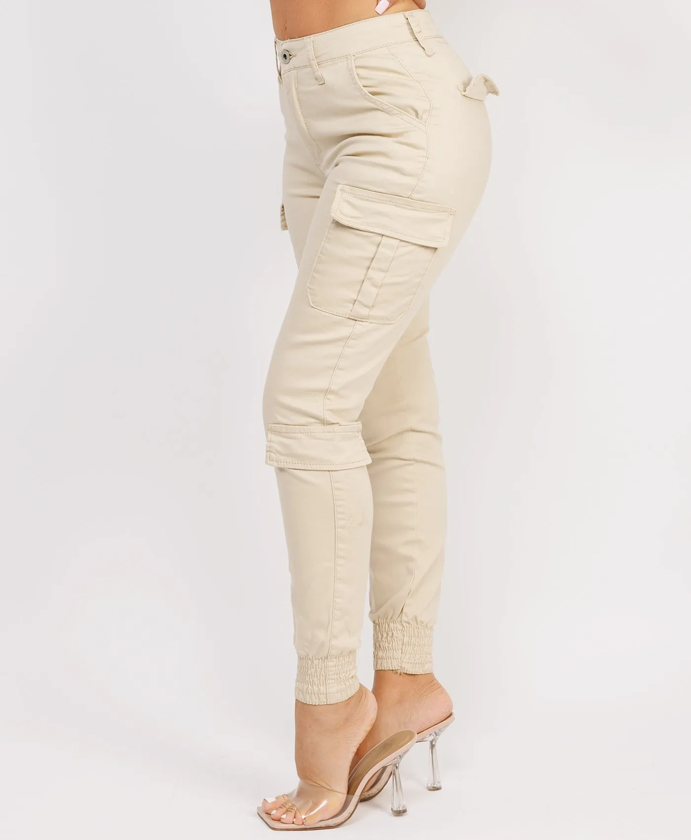 Beige Chino Cargo Trousers with Cuffed Bottom and Pocket