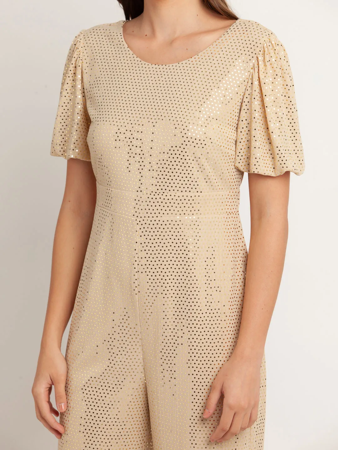 Beige Embellished Tie-Up Jumpsuit