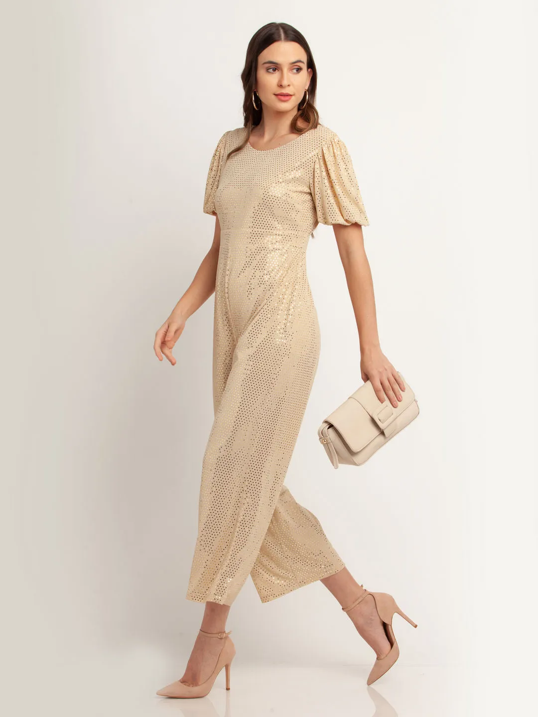 Beige Embellished Tie-Up Jumpsuit