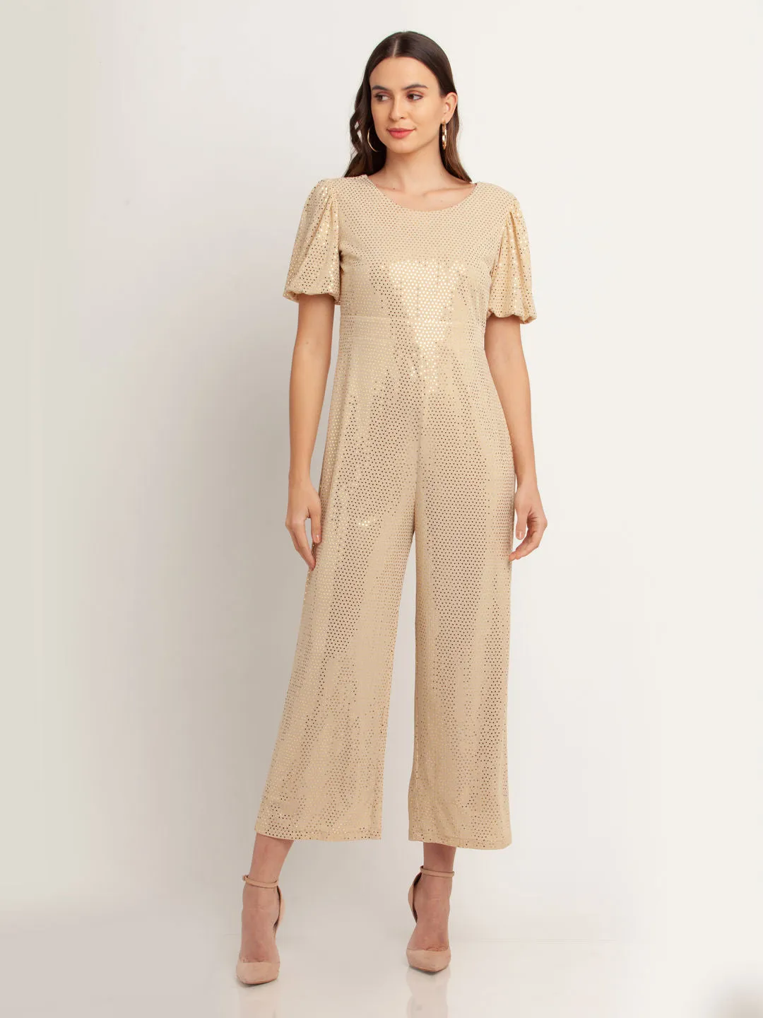 Beige Embellished Tie-Up Jumpsuit