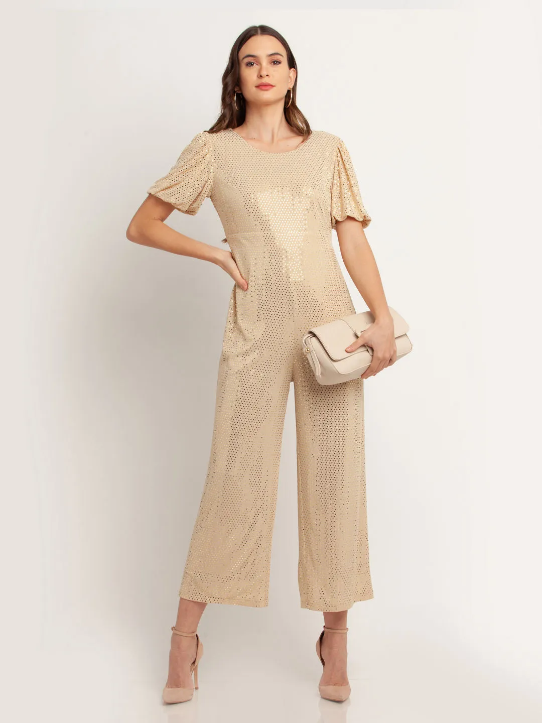 Beige Embellished Tie-Up Jumpsuit