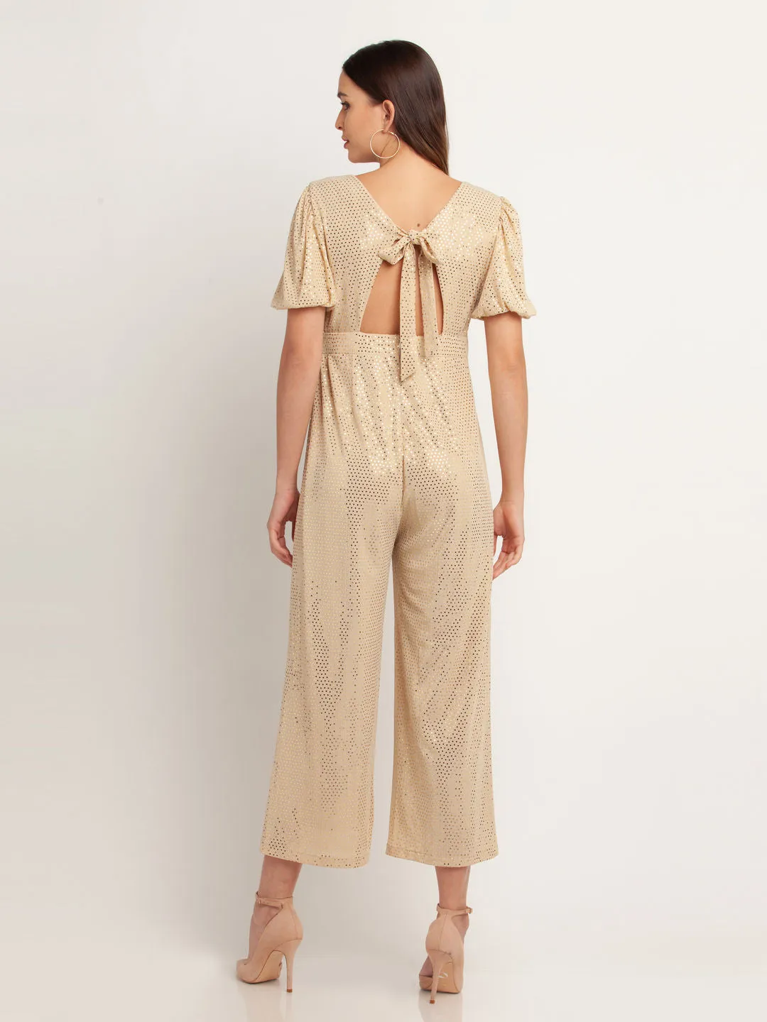 Beige Embellished Tie-Up Jumpsuit