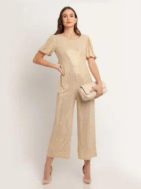 Beige Embellished Tie-Up Jumpsuit