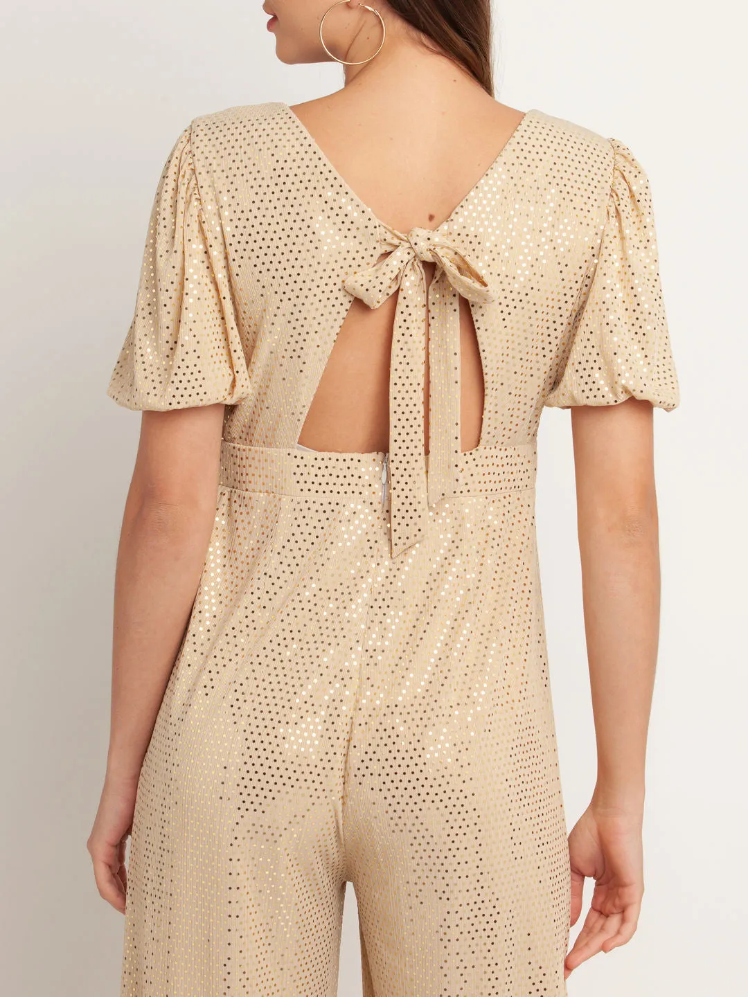 Beige Embellished Tie-Up Jumpsuit