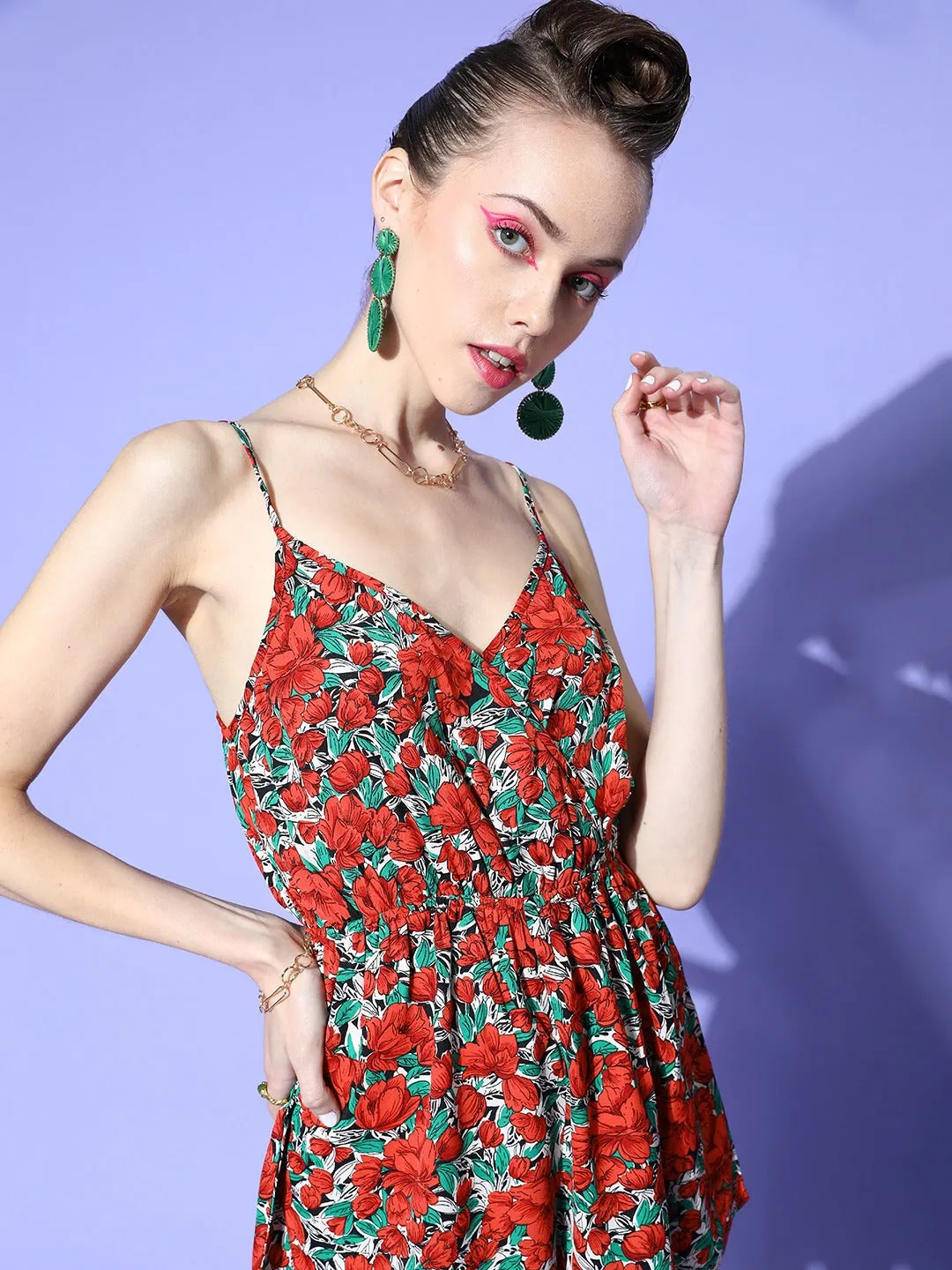 Berrylush Women Red & Green Floral Printed V-Neck Sleeveless Wrap Mini Playsuit