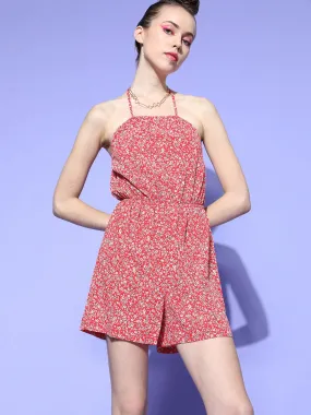 Berrylush Women Red & White Floral Printed Halter Neck Backless Gathered Mini Playsuit