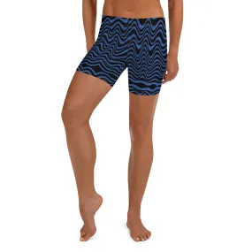 Black Blue Curvy Shorts, Abstract Wavy Women's Short Tights For Gym-Made in USA/EU/MX
