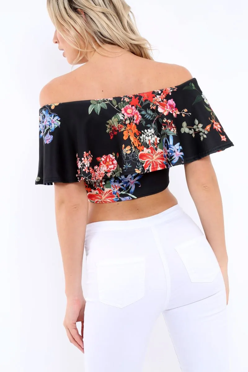 Black Floral Bardot Crop Top - Justine