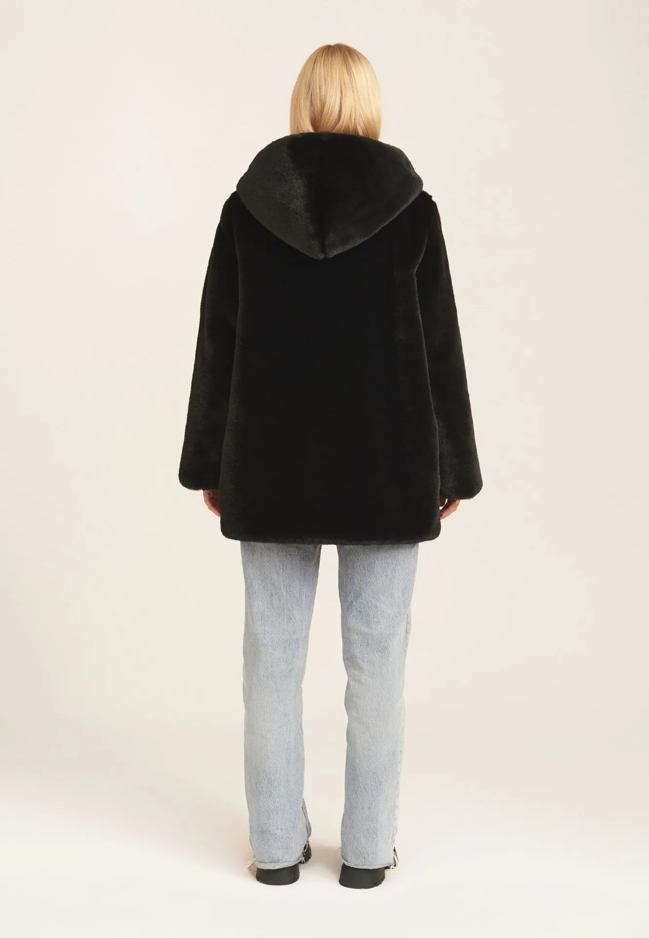 Black Hooded Long Sleeve Faux Fur Jacket