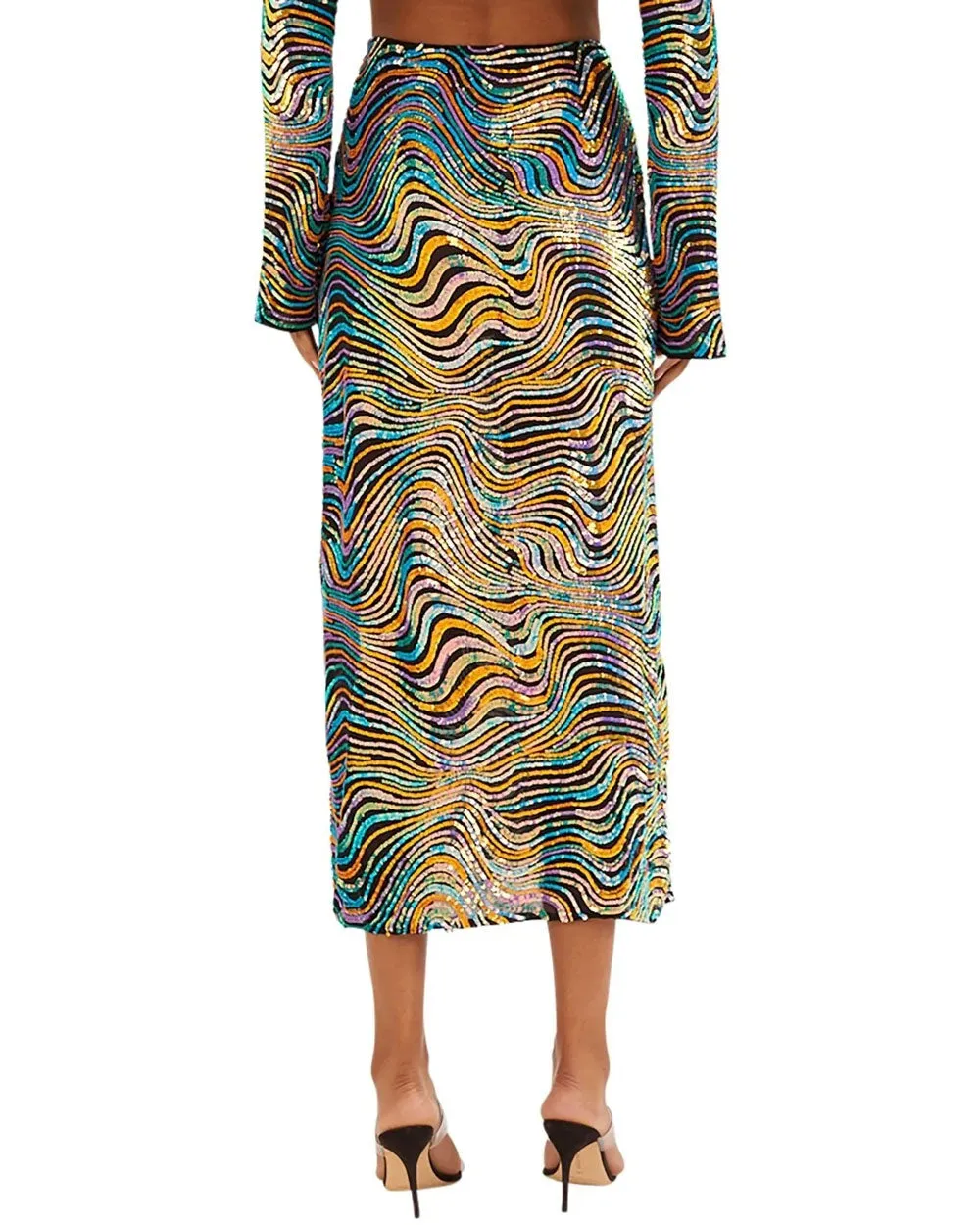 Black Multicolor Swirl Sequin Midi Skirt
