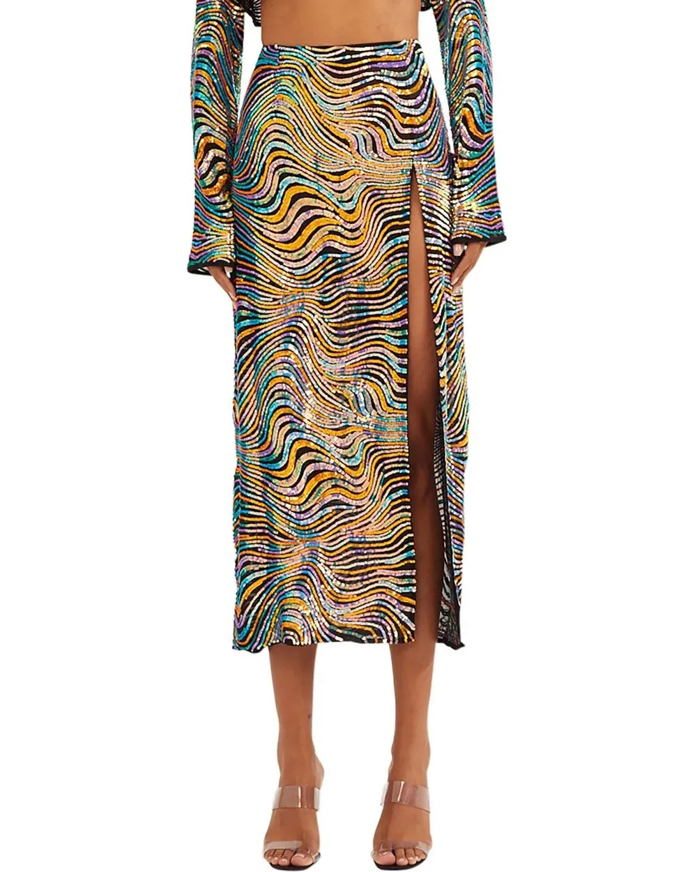 Black Multicolor Swirl Sequin Midi Skirt