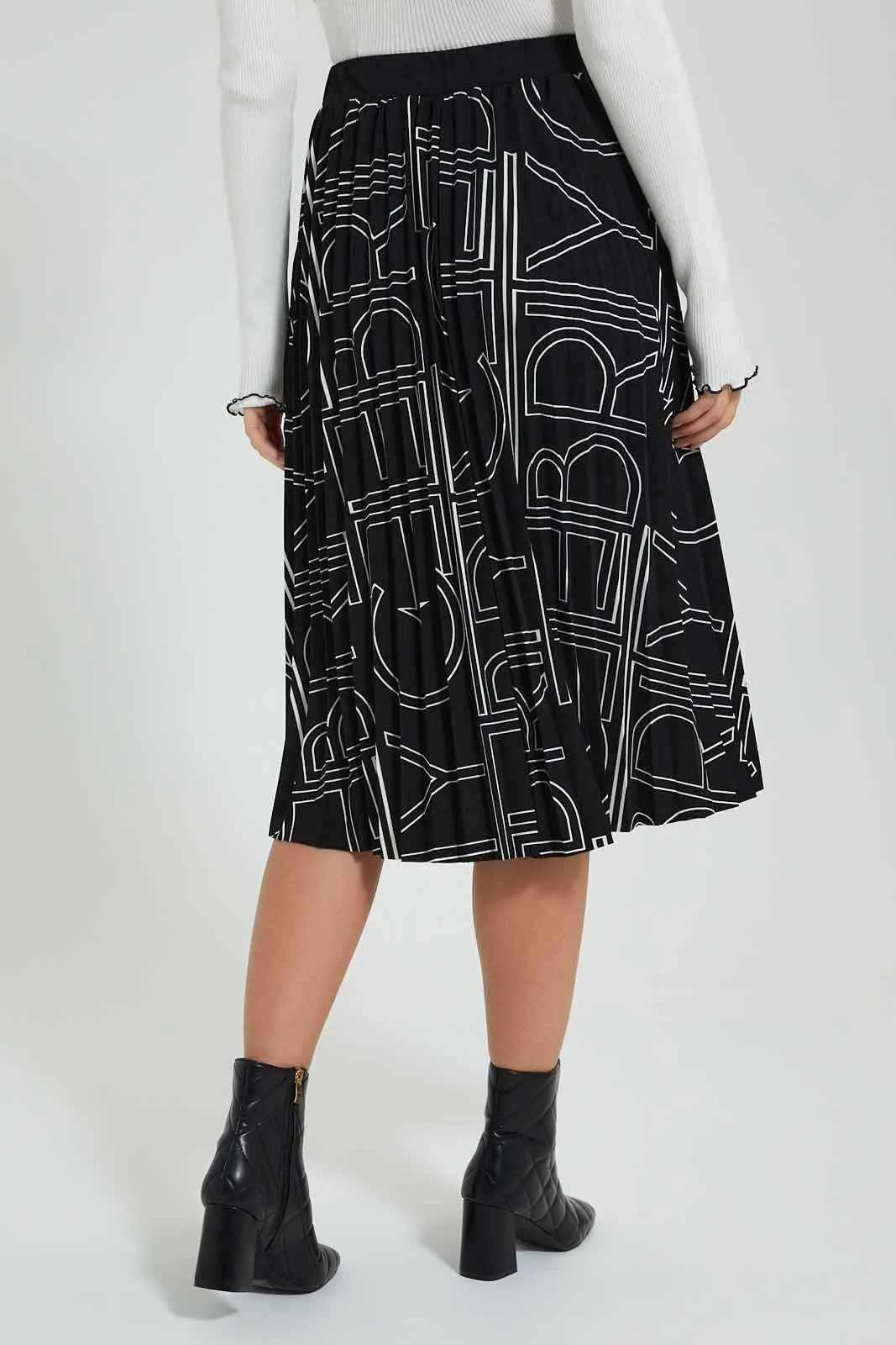 Black Printed Pleated Skirt
