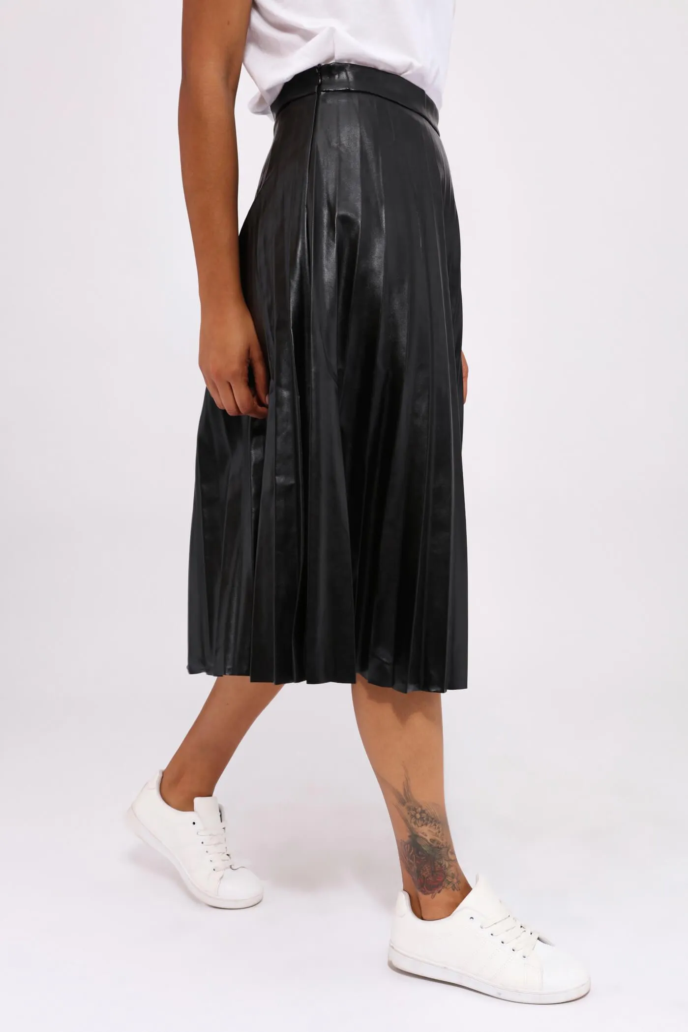 Black Pu Pleated Midi Skirt