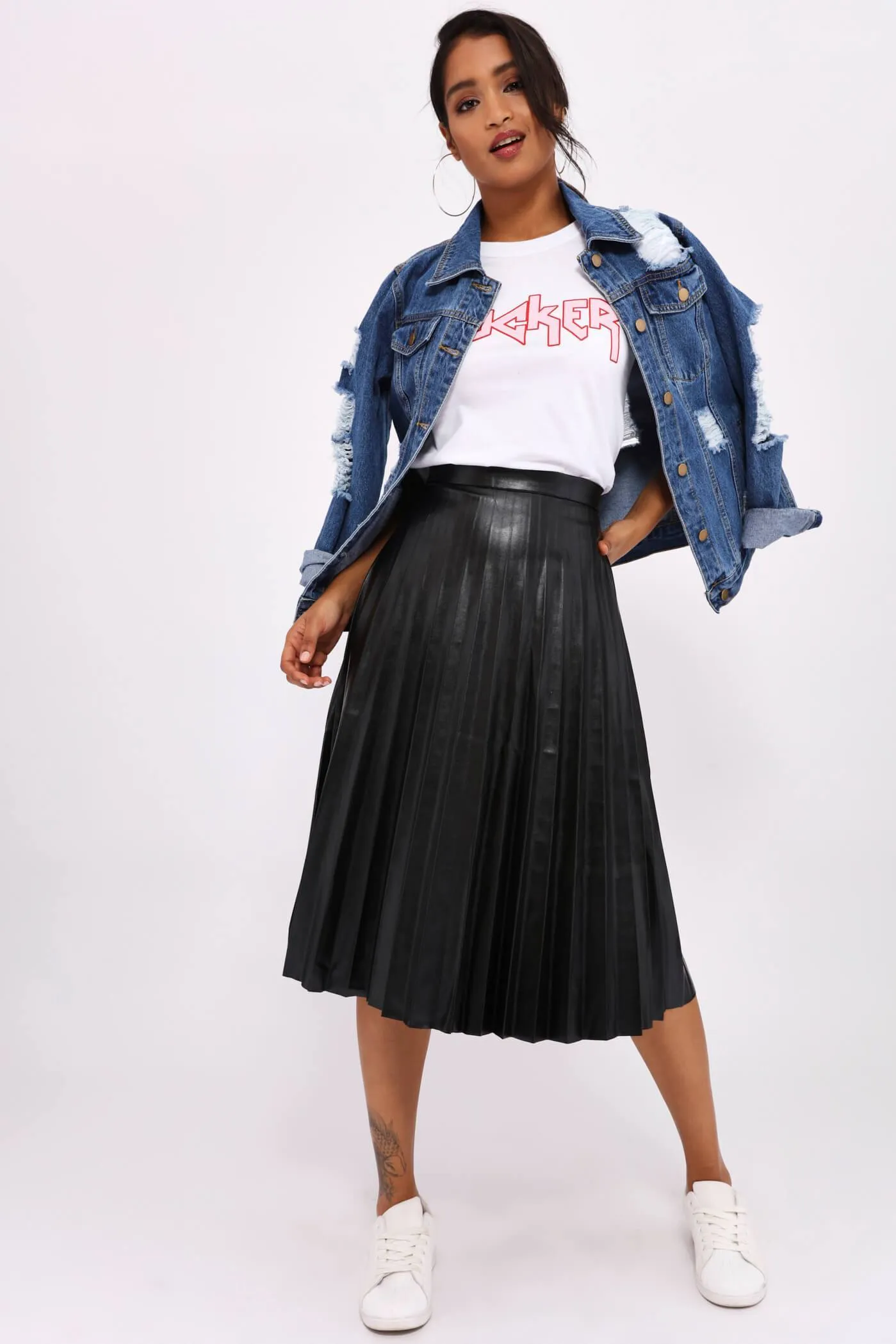 Black Pu Pleated Midi Skirt