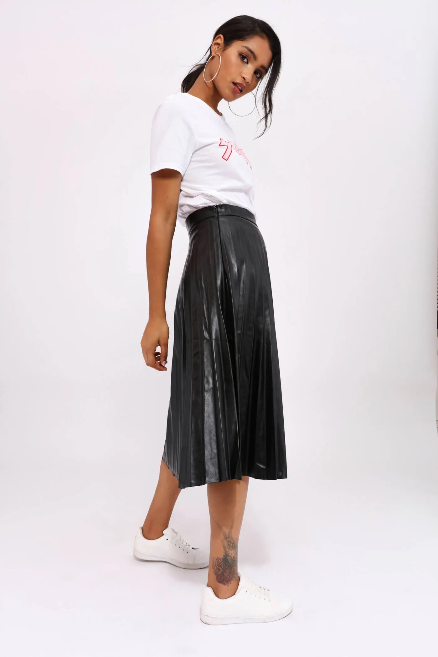 Black Pu Pleated Midi Skirt