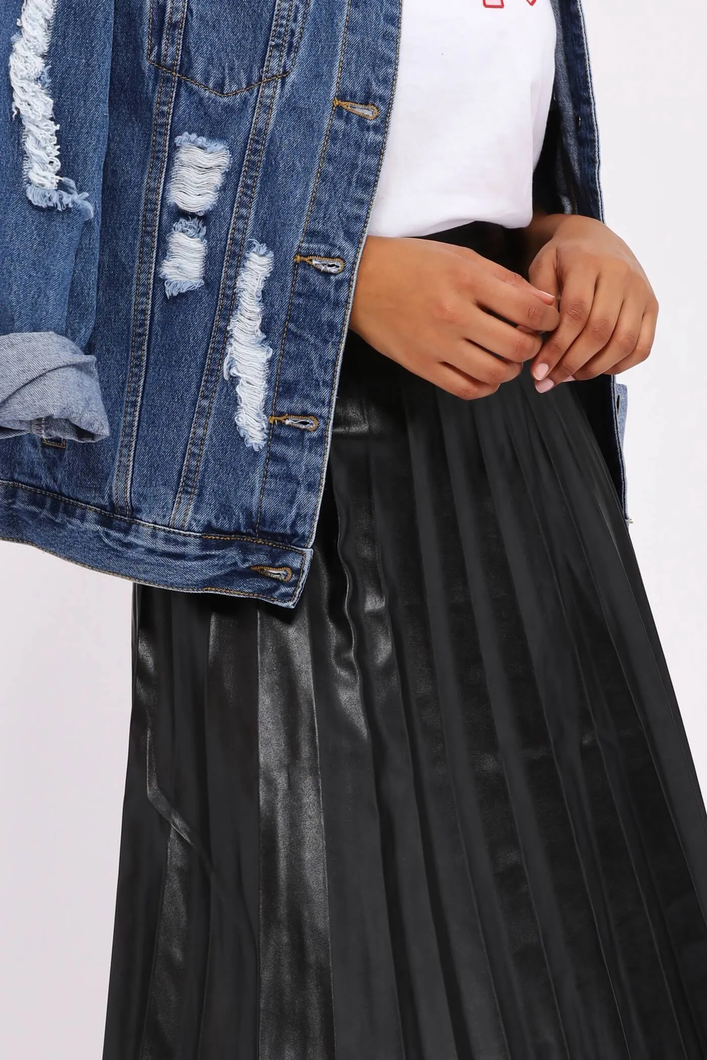 Black Pu Pleated Midi Skirt
