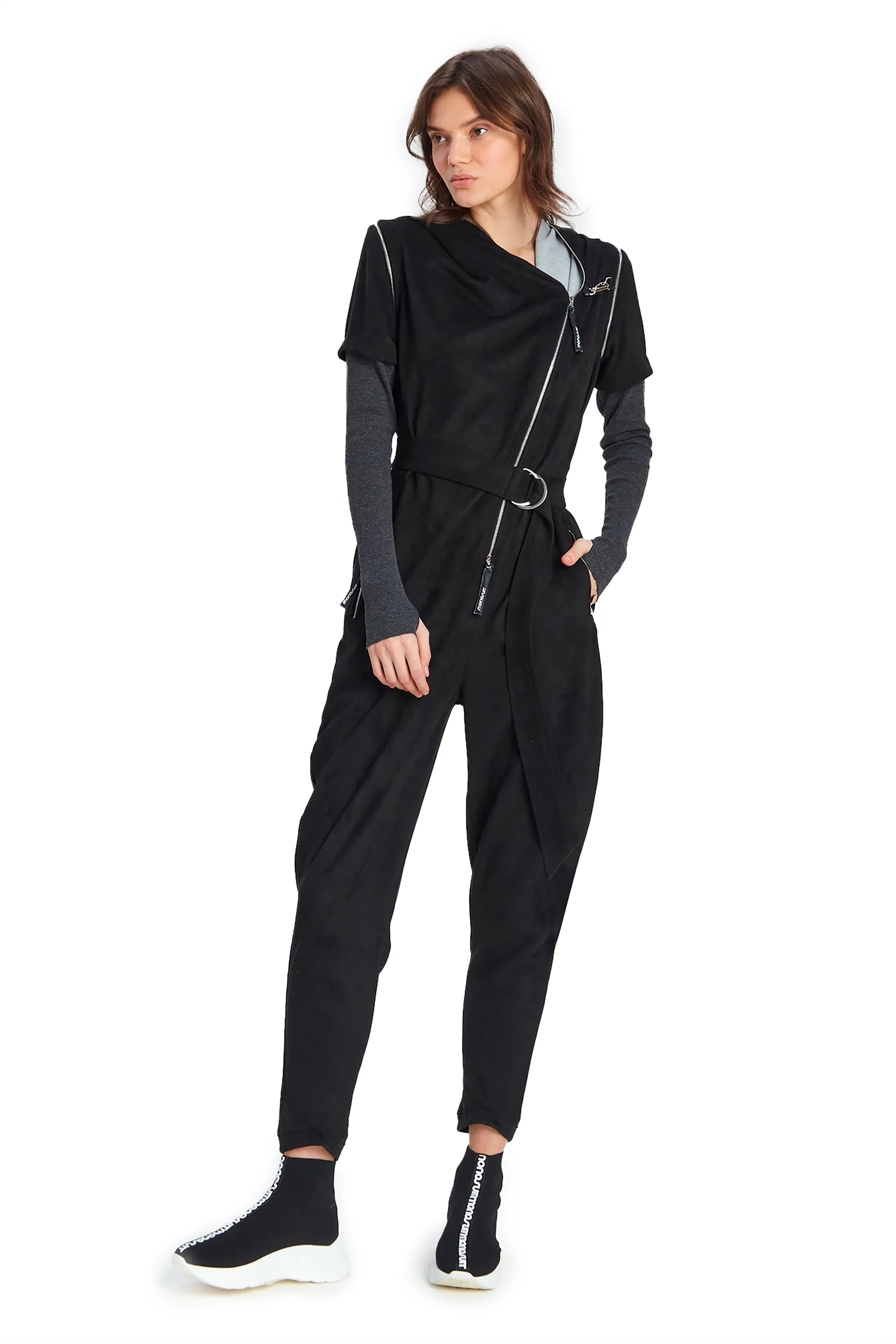 Black Short/Long Sleeve Hooded Full-Length Belted Casual Jumpsuit GAGA