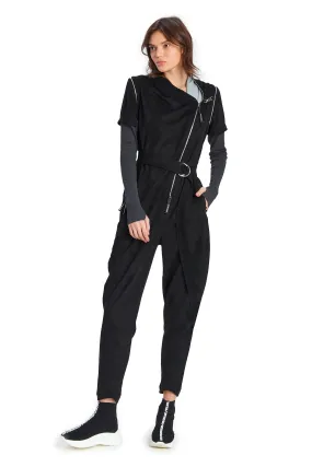 Black Short/Long Sleeve Hooded Full-Length Belted Casual Jumpsuit GAGA
