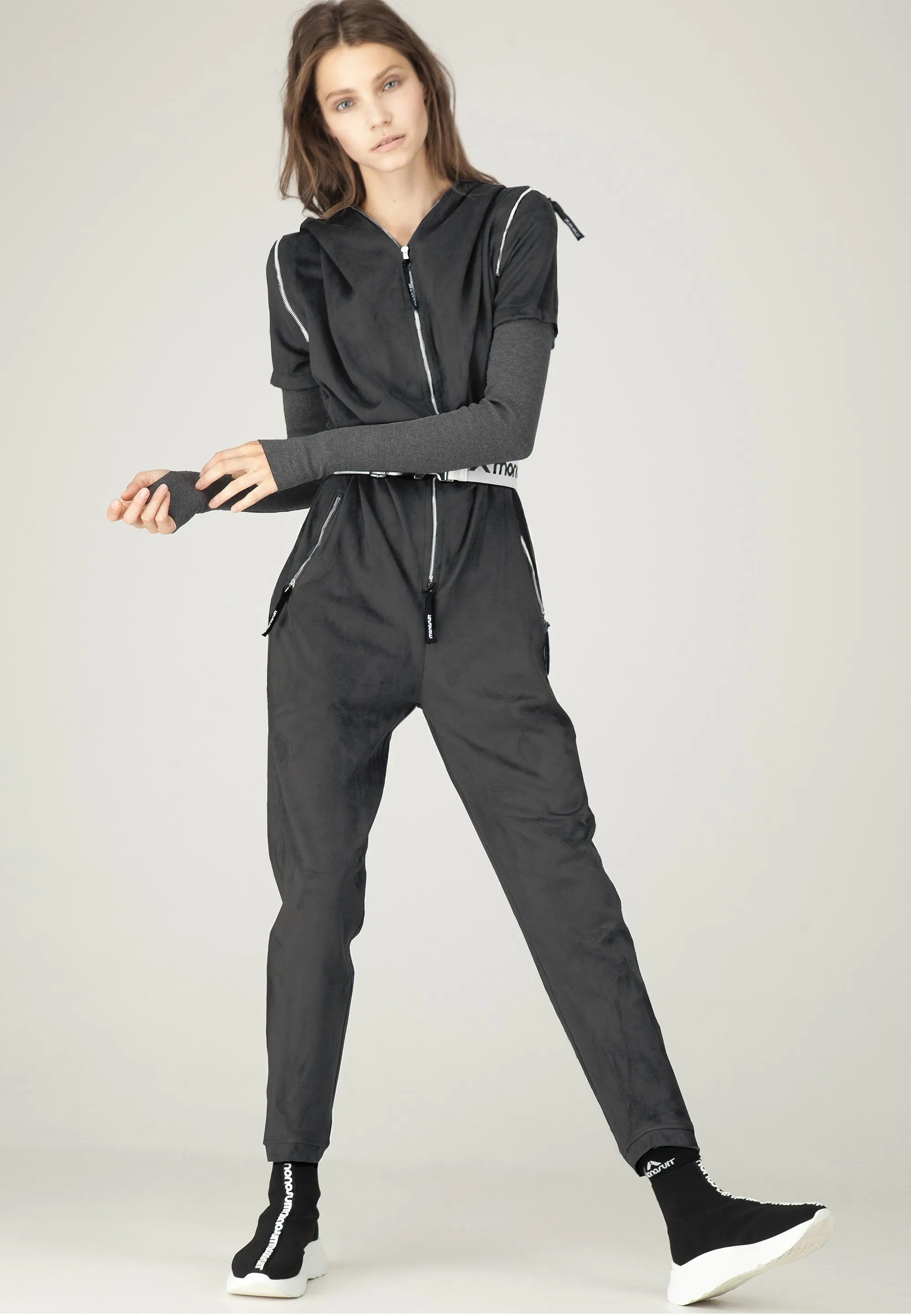 Black Short/Long Sleeve Hooded Full-Length Belted Casual Jumpsuit GAGA