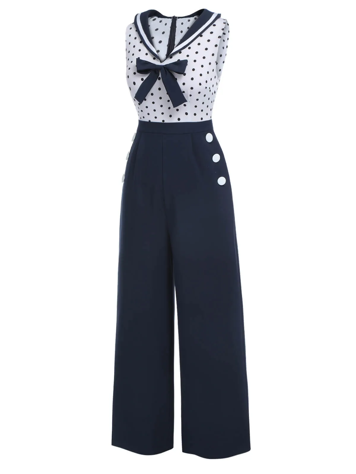 Blue 1940s Polka Dot Bow Lapel Jumpsuit
