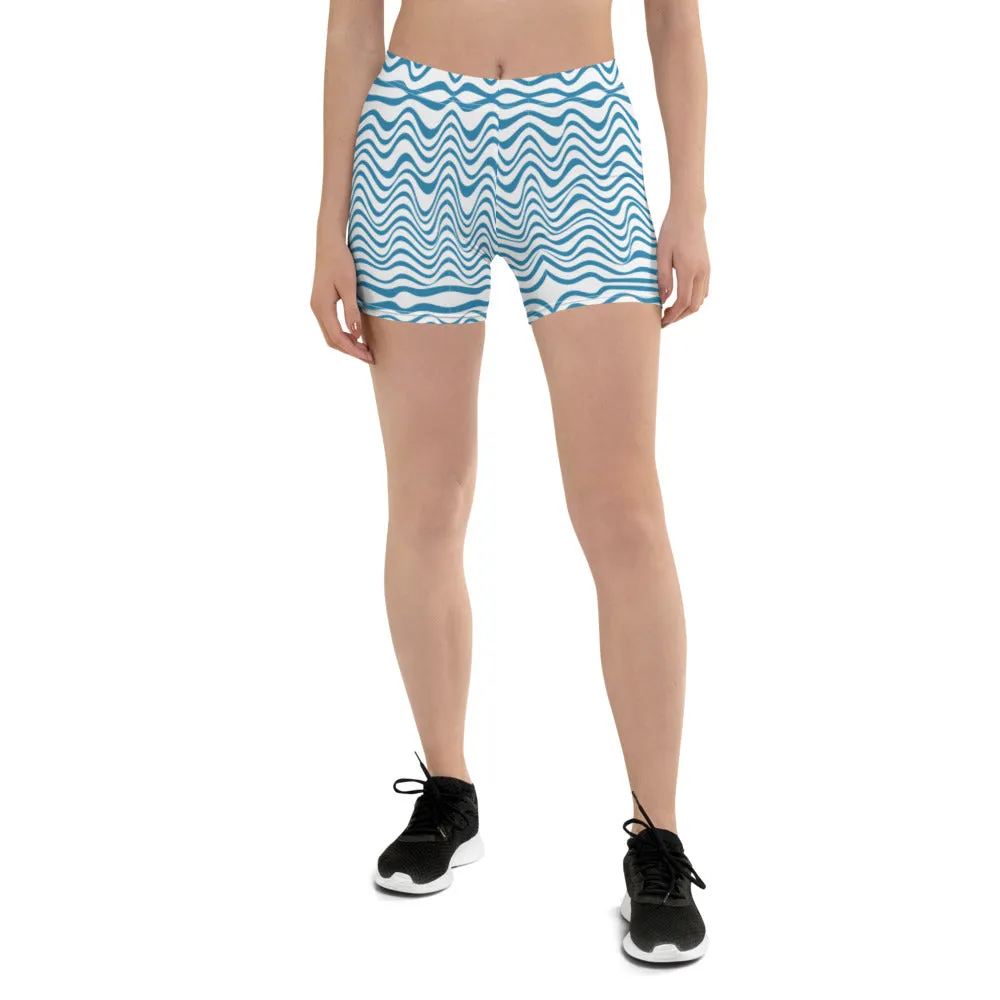 Blue Curvy Best Women's Shorts, White Blue Wavy Abstract Designer Tights-Made in USA/EU
