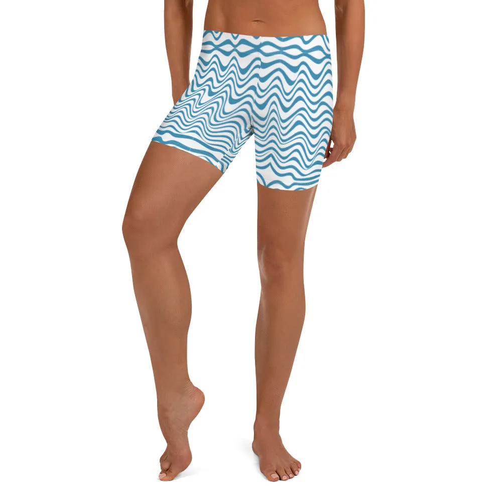 Blue Curvy Best Women's Shorts, White Blue Wavy Abstract Designer Tights-Made in USA/EU