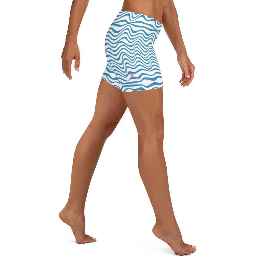 Blue Curvy Best Women's Shorts, White Blue Wavy Abstract Designer Tights-Made in USA/EU