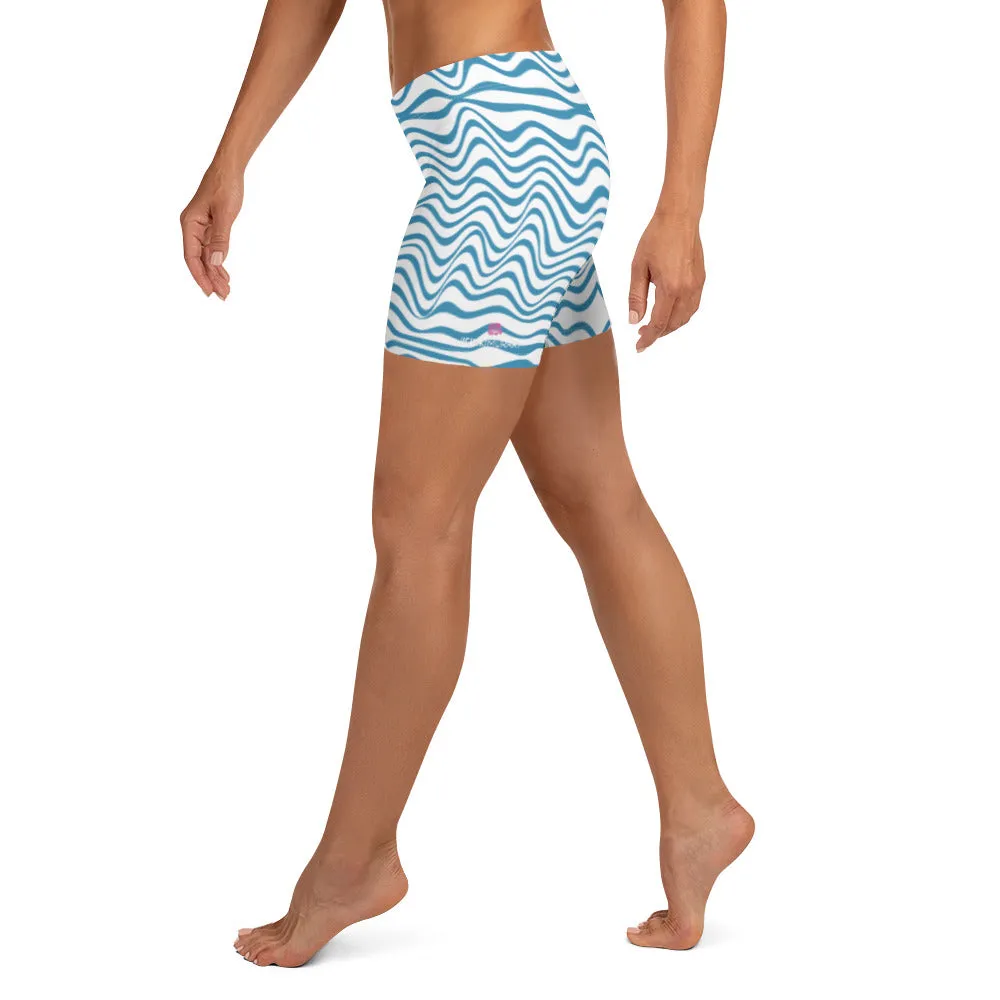 Blue Curvy Best Women's Shorts, White Blue Wavy Abstract Designer Tights-Made in USA/EU