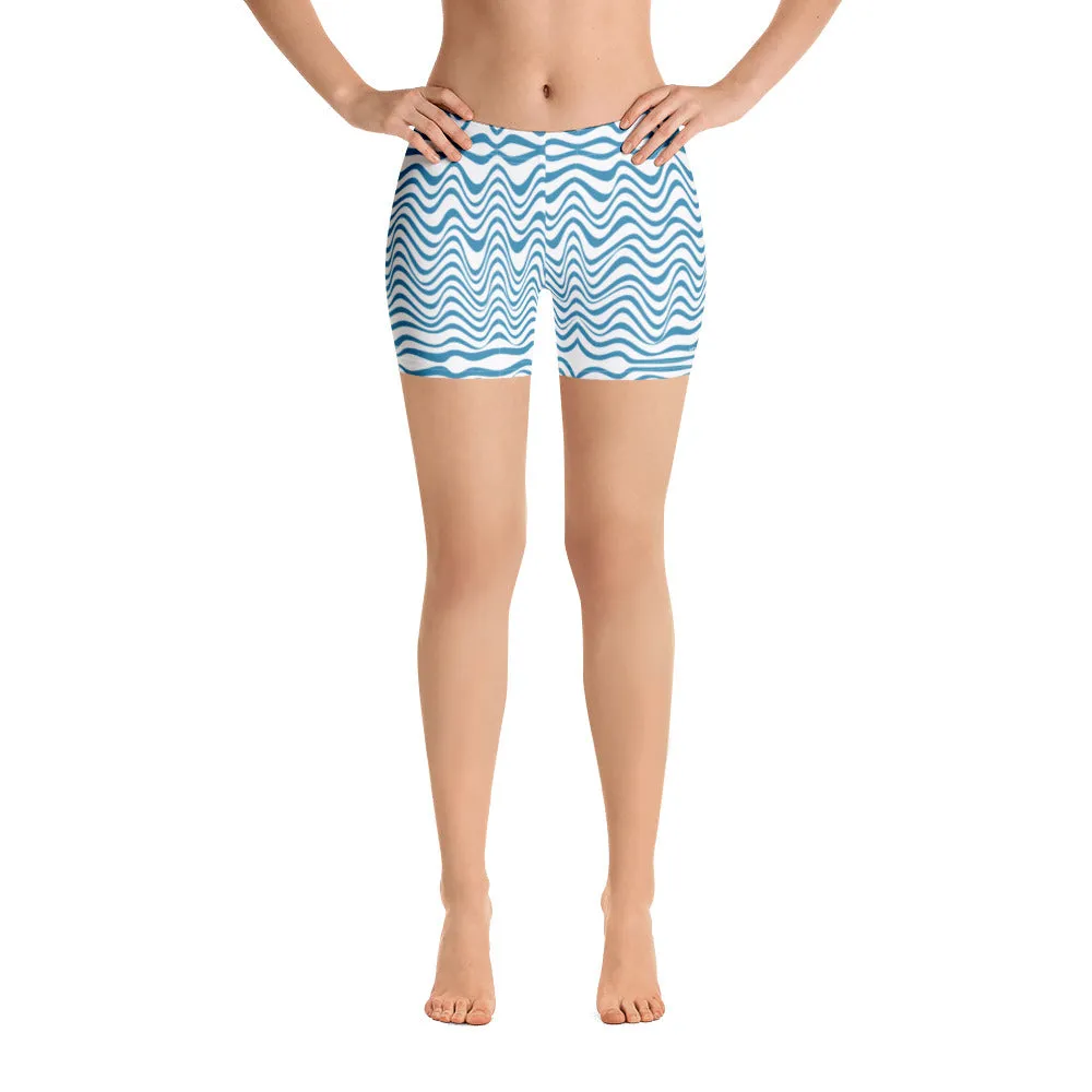 Blue Curvy Best Women's Shorts, White Blue Wavy Abstract Designer Tights-Made in USA/EU