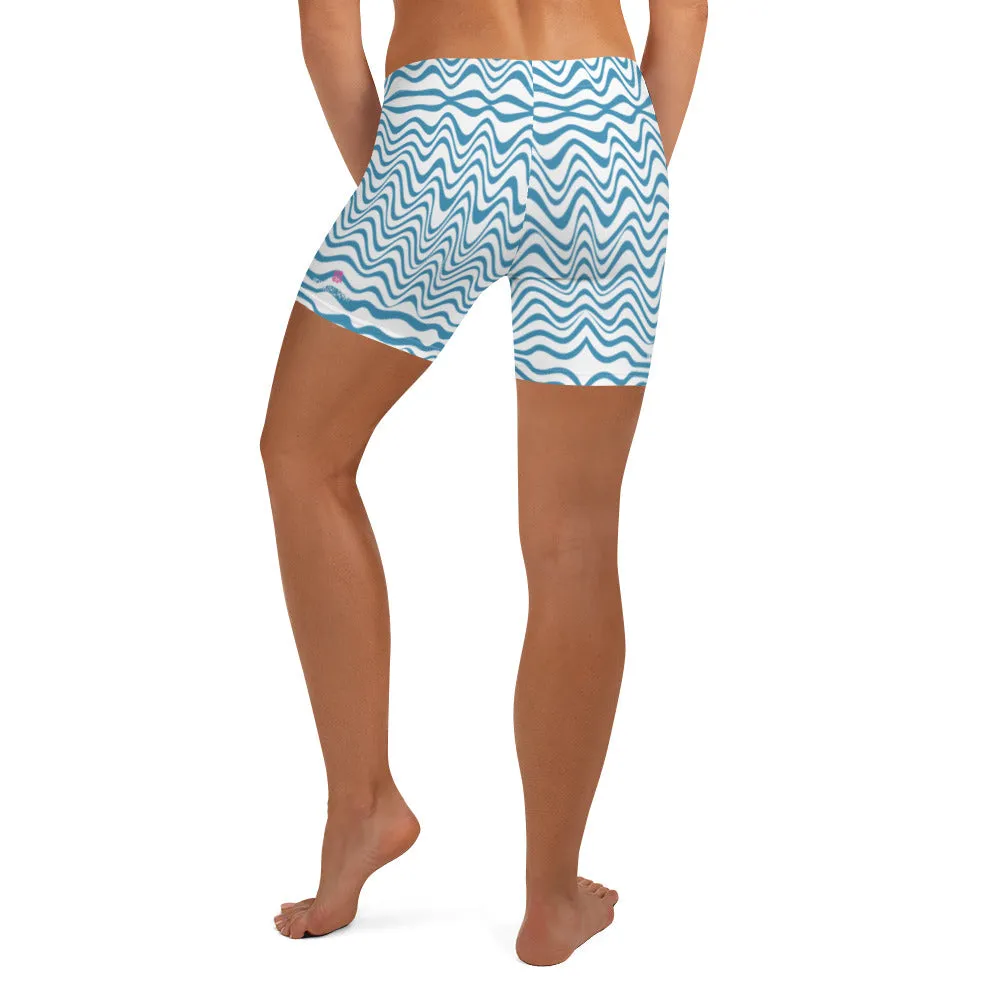 Blue Curvy Best Women's Shorts, White Blue Wavy Abstract Designer Tights-Made in USA/EU