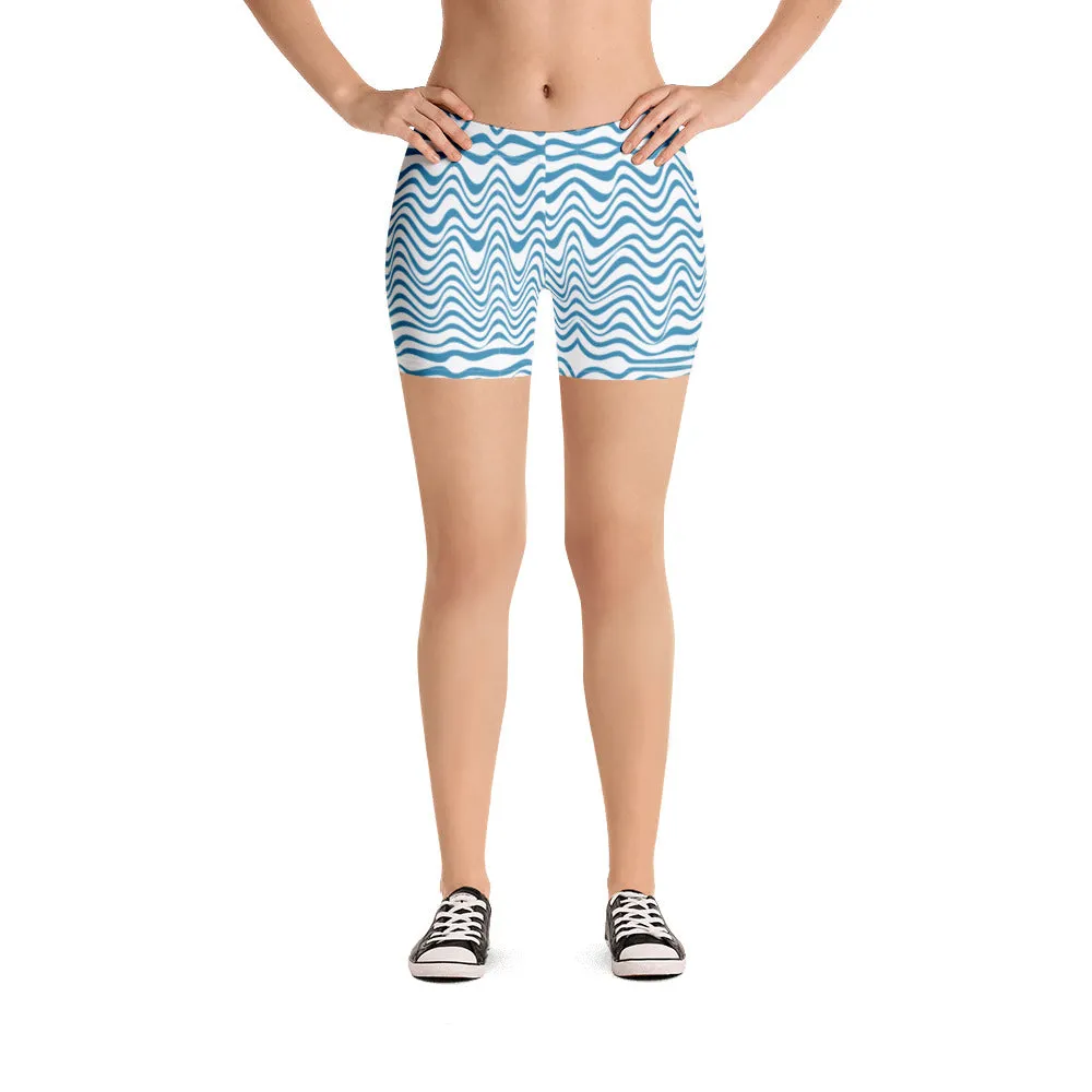Blue Curvy Best Women's Shorts, White Blue Wavy Abstract Designer Tights-Made in USA/EU